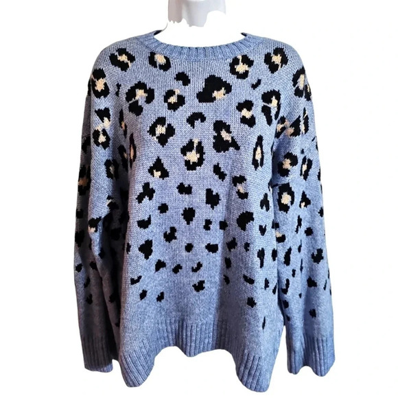 Nine West Oversized Cheetah Print Sweater Women L Purple Preppy Cozy Soft Knit - Picture 2 of 7